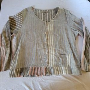 Flax Multi Stripe Coastal Grandma Button Down Linen Blouse with Pocket - Large